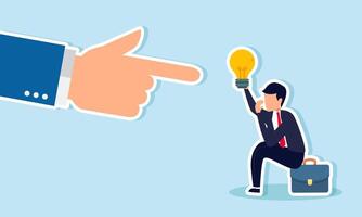 A businessman sitting on a briefcase feeling sad while handing over a lamp to a hand, illustration of reluctantly sharing business ideas and innovations with others vector