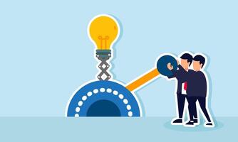 Two businessmen collaborate pulling a lever that moves a light machine, illustration of teamwork in implementing business ideas and innovations vector