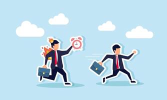 A businessman running to avoid a chasing businessman on fire carrying an alarm clock, illustration of being pursued by business work deadlines vector