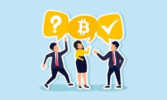 Businesspeople gathered with individual dialog boxes labeled with bitcoin symbols, question marks, and check marks, illustration of sharing bitcoin investment strategies vector