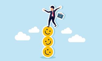 A businessman stands unbalanced on a stack of happy emoticons, illustration of maintaining market attention and engagement vector