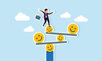 A businessman stands unbalanced on a stack of happy emoticons and boards, illustration of maintaining market attention and engagement vector