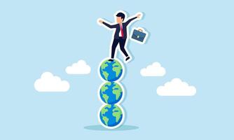 A businessman stands unbalanced on a stack of globes, illustration of maintaining business field consistency to ensure good performance vector