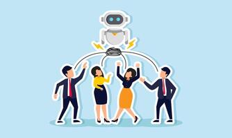 Businesspeople gathered to channel their energy into an AI robot, illustration of supplying data prompts to enhance AI databases for better business assistance vector