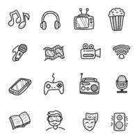Set of entertainment and multimedia doodle illustrations on a white background. Hand-drawn entertainment elements vector