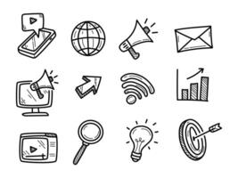 Set of digital marketing doodles with black and white color. Hand-drawn digital marketing elements vector