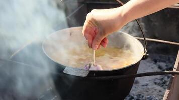 cooking pilaf in cauldron with garlic and spices on open fire in nature video