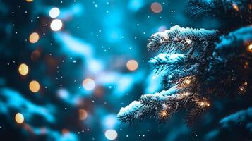 Snow-covered pine branches illuminated by soft, warm lights, set against blurred, dreamy winter background. Delicate snowfall creates peaceful, festive ambiance, perfect for holiday photo