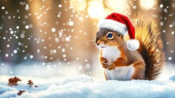 Charming red squirrel wearing Santa hat, on snowy ground in winter forest. Fluffy tail illuminated by warm sunlight creates magical Christmas atmosphere, soft bokeh background. Banner photo