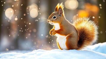 Banner of close up red squirrel sitting on snowy ground in forest during winter. The squirrel is brightly lit with warm sunlight, showcasing its fluffy tail, sharp ears, and detailed fur photo