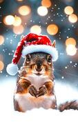 Charming squirrel wearing festive Santa hat, sitting in snow with twinkling golden bokeh lights in background. Perfect for Christmas designs, seasonal promotions, enchanting wildlife photo