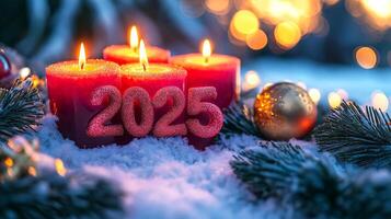 Four red candles with the numbers 2025 burn warmly in snowy outdoor setting, surrounded by evergreen branches, golden ornament, festive lights. Christmas and New Year, cozy and celebratory atmosphere photo