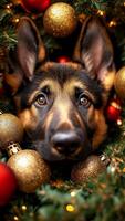 Curious German Shepherd puppy peeks through festive Christmas setting adorned with gold and red ornaments, making it heartwarming representation of holiday joy and the spirit of Christmas photo