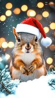 Cute squirrel in Santa hat stands amidst snowy forest, surrounded by evergreen branches and glowing bokeh lights. Charm of holiday season, for Christmas designs, greeting cards, seasonal photo
