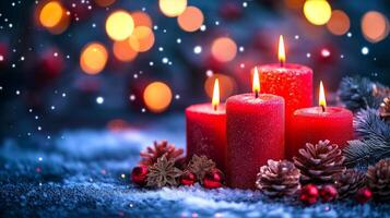 Festive holiday scene featuring red candles burning brightly against wintery background. Soft glowing lights in background enhance Christmas and New Year traditions, winter season, holiday decorations photo