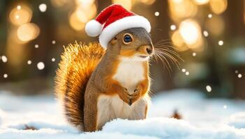 Cheerful red squirrel wearing Santa hat sitting on snowy ground in winter forest. Fluffy tail illuminated by warm sunlight, and soft bokeh background, creating magical Christmas photo