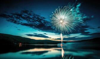 A fireworks display is lit up in the sky above a lake photo