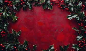A red background with a green border of holly leaves and red berries photo