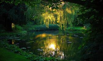 A pond with a tree in the background photo