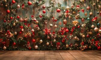 A large wall covered in red and gold ornaments and green leaves photo