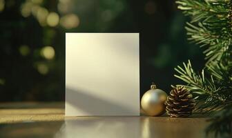 A white card sits on a table next to a gold ornament and a pine cone photo