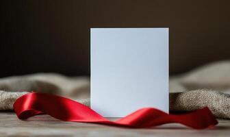 A white card with a red ribbon is on a table photo