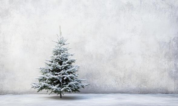 A small white pine tree stands alone in a snow-covered field photo