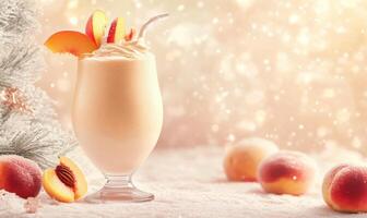 A glass of peach flavored drink with a straw and a peach on top photo