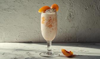 A glass of peach flavored drink with a slice of peach on top photo