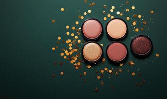 A palette of eyeshadow shades soft rose, muted peach, warm bronze, deep plum, with golden confetti on green background photo
