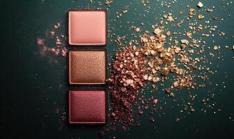 A palette of eyeshadow shades soft rose, muted peach, warm bronze with a light scattering of golden confetti on a dark green background photo