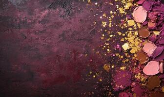 A palette with shades of soft rose, warm brown, deep gold, and rich burgundy, adorned with a little golden confetti and scattered on a dark purple background photo