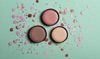 A set of four complementary eyeshadows lavender, dusty pink, pale gold, and chocolate brown, with a light scattering of rose-gold confetti photo