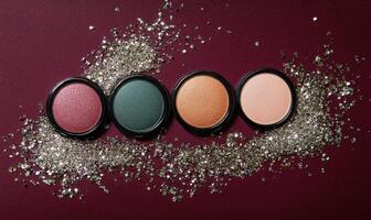 A set of four eyeshadow shades pastel mint green, soft peach, warm gold, and deep plum, with a sprinkle of silver tinsel around the palette photo