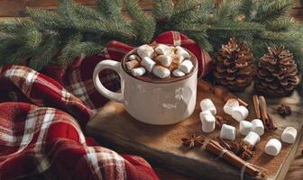 A mug of hot chocolate with marshmallows and cinnamon on a wooden table photo