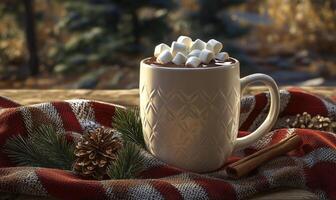 A mug of hot chocolate with marshmallows on top sits on a red and white blanket photo
