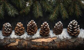 A row of pine cones are lined up on a log, with snow covering them photo