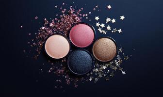 A set of four eyeshadows ivory, soft pink, deep berry, and rich bronze, with a touch of silver stars scattered around the palette photo