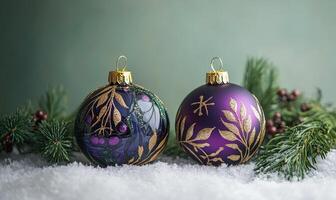 Two Christmas ornaments with gold leaf designs sit on a snowy surface photo