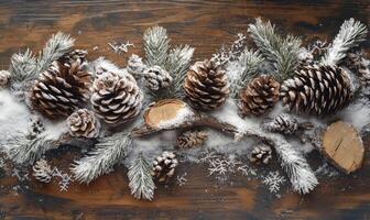 A pine tree branch with pine cones and snow on it photo
