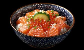 A bowl of sushi with a cucumber on top photo