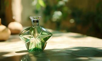 A green bottle of perfume is sitting on a table photo