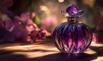 A bottle of perfume with a purple cap photo