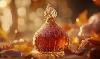 A bottle of perfume is on a table with leaves on the ground photo