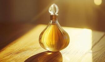 A bottle of perfume is sitting on a wooden table photo
