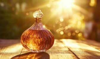 A bottle of perfume is sitting on a wooden table photo