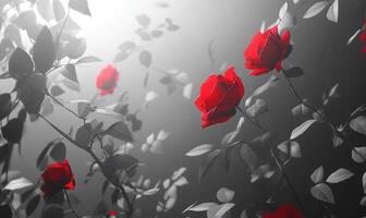 A bunch of red roses are in a black and white photo
