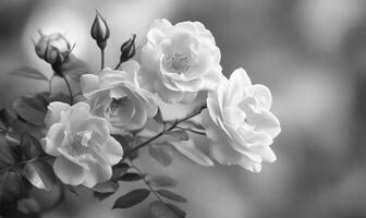 A bouquet of white flowers with a black and white background photo