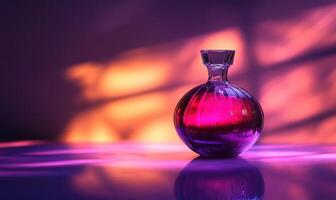 A vase of pink liquid is sitting on a table photo