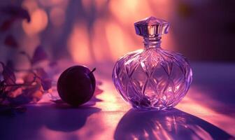 A bottle of perfume is on a table next to an apple photo